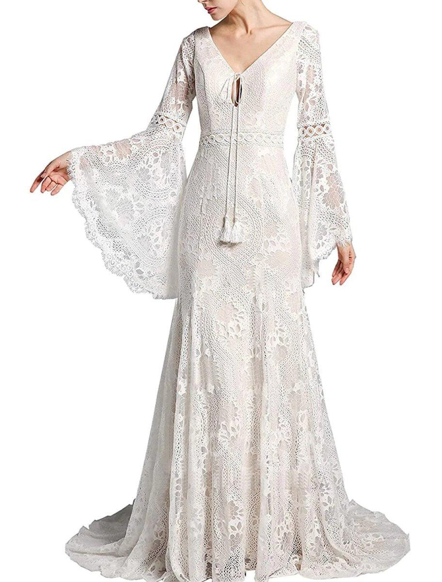 NumberSea - Beach Boho Wedding Dresses Mermaid / Trumpet V Neck Long Sleeve Sweep / Brush Train Lace Bridal Gowns With Tassel