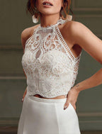 NumberSea - Beach Boho Wedding Dresses Separates Illusion Neck Sleeveless Separates Lace Bridal Tops Bridal Gowns With Appliques