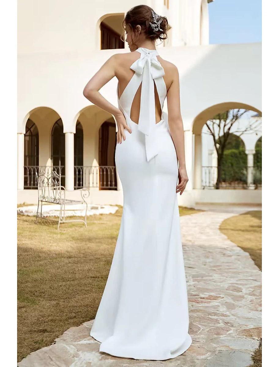 NumberSea - Beach Boho Wedding Dresses Sweep Train Mermaid Halter Sleeveless Stretch Fabric with Solid Color
