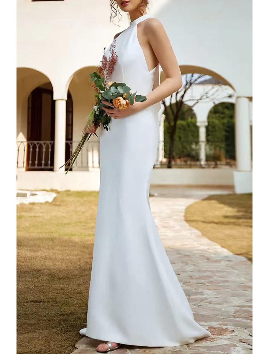 NumberSea - Beach Boho Wedding Dresses Sweep Train Mermaid Halter Sleeveless Stretch Fabric with Solid Color