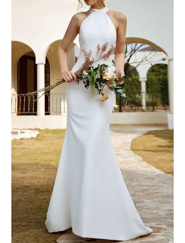 NumberSea - Beach Boho Wedding Dresses Sweep Train Mermaid Halter Sleeveless Stretch Fabric with Solid Color
