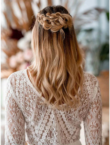 NumberSea - Beach Boho Wedding Dresses Two Piece V Neck Long Sleeve Asymmetrical Chiffon Bridal Gowns With Appliques Solid Color Summer Fall Wedding Party