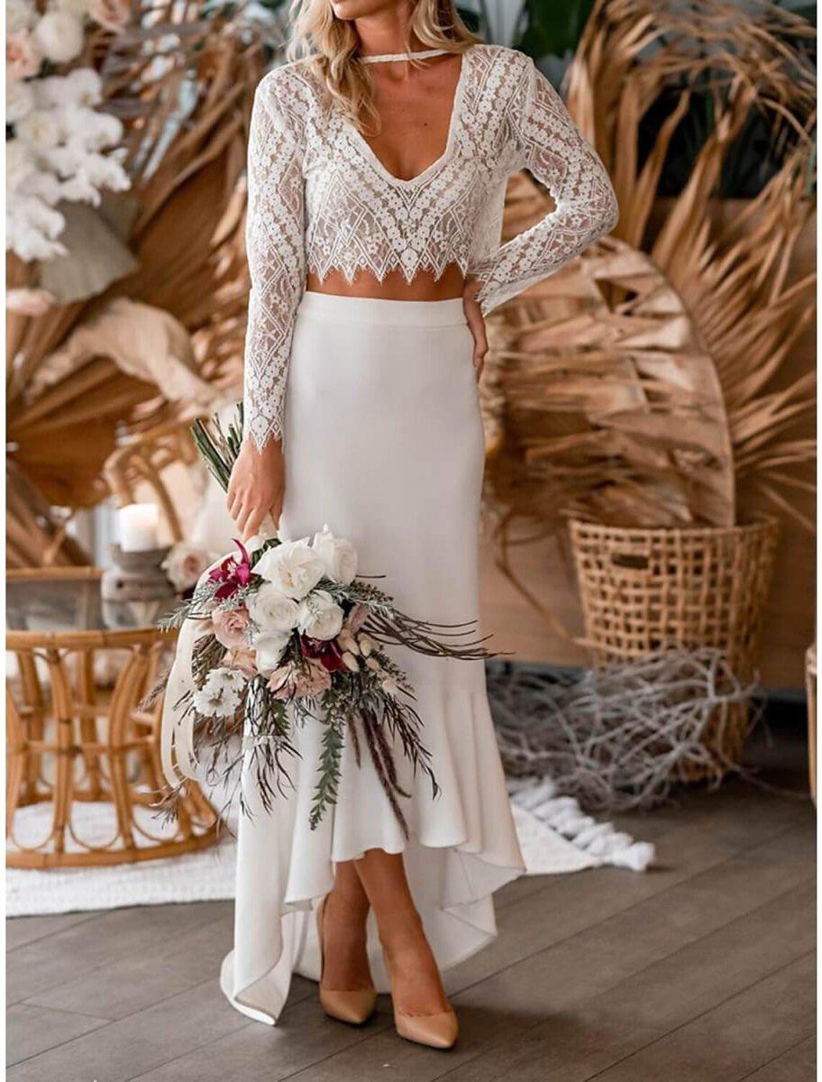 NumberSea - Beach Boho Wedding Dresses Two Piece V Neck Long Sleeve Asymmetrical Chiffon Bridal Gowns With Appliques Solid Color Summer Fall Wedding Party