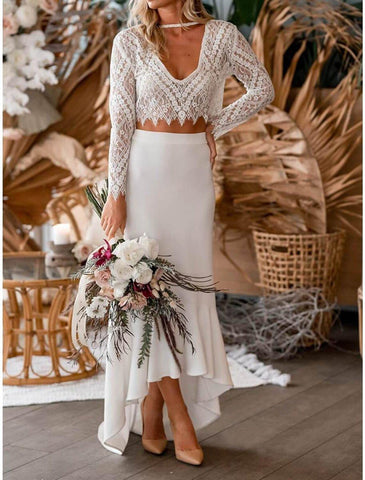 NumberSea - Beach Boho Wedding Dresses Two Piece V Neck Long Sleeve Asymmetrical Chiffon Bridal Gowns With Appliques Solid Color Summer Fall Wedding Party