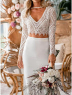 NumberSea - Beach Boho Wedding Dresses Two Piece V Neck Long Sleeve Asymmetrical Chiffon Bridal Gowns With Appliques Solid Color Summer Fall Wedding Party