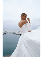 NumberSea - Beach Casual Wedding Dresses Sweep / Brush Train A - Line Long Sleeve Off Shoulder Chiffon With Ruched Solid Color