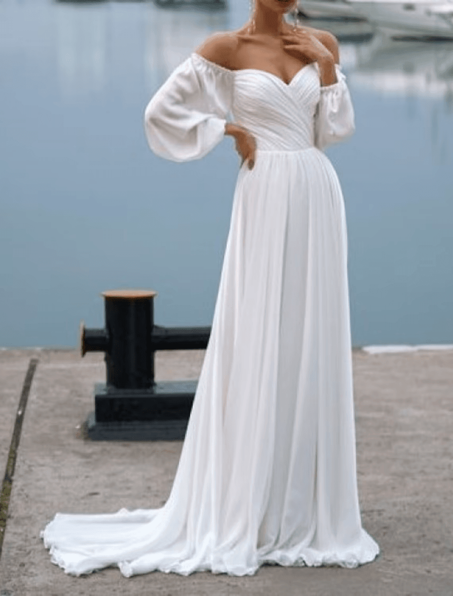 NumberSea - Beach Casual Wedding Dresses Sweep / Brush Train A - Line Long Sleeve Off Shoulder Chiffon With Ruched Solid Color