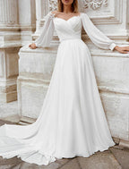 NumberSea - Beach Fall Wedding Dresses A - Line Off Shoulder Long Sleeve Court Train Chiffon Bridal Gowns With Appliques Solid Color