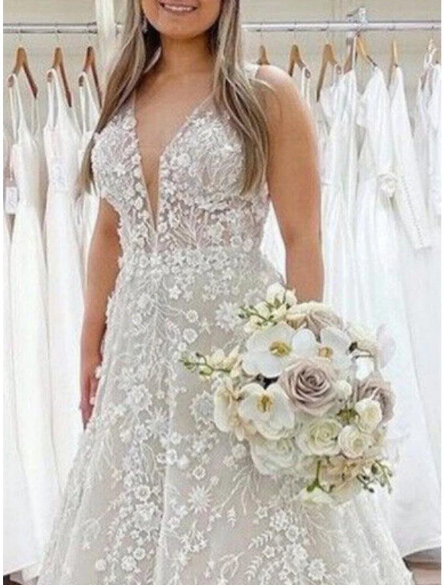 NumberSea - Beach Formal Wedding Dresses A - Line V Neck Sleeveless Court Train Lace Bridal Gowns With Pleats