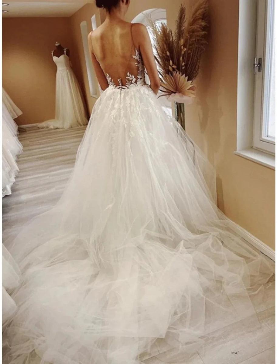 NumberSea - Beach Formal Wedding Dresses Ball Gown Illusion Neck Sleeveless Court Train Lace Bridal Gowns With Pleats