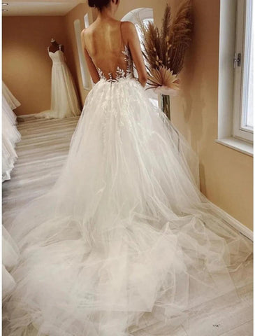 NumberSea - Beach Formal Wedding Dresses Ball Gown Illusion Neck Sleeveless Court Train Lace Bridal Gowns With Pleats