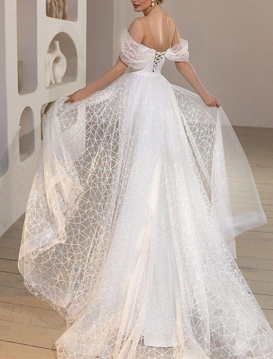 NumberSea - Beach Glitter & Sparkle Wedding Dresses Mermaid / Trumpet Off Shoulder Cap Sleeve Court Train Satin Bridal Gowns With Solid Color