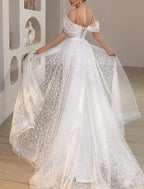 NumberSea - Beach Glitter & Sparkle Wedding Dresses Mermaid / Trumpet Off Shoulder Cap Sleeve Court Train Satin Bridal Gowns With Solid Color