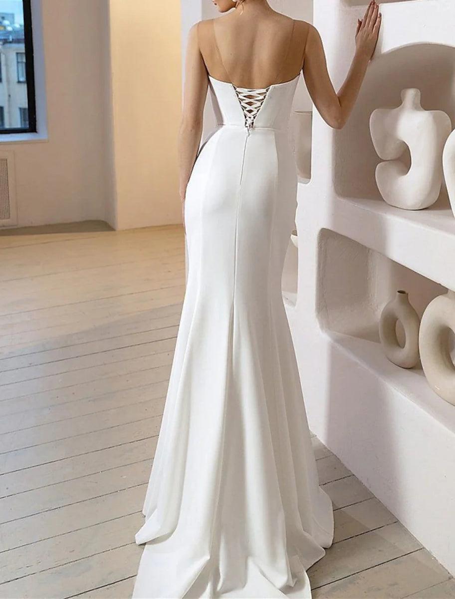 NumberSea - Beach Glitter & Sparkle Wedding Dresses Mermaid / Trumpet Off Shoulder Cap Sleeve Court Train Satin Bridal Gowns With Solid Color