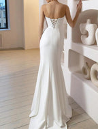 NumberSea - Beach Glitter & Sparkle Wedding Dresses Mermaid / Trumpet Off Shoulder Cap Sleeve Court Train Satin Bridal Gowns With Solid Color