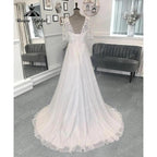NumberSea - Beach Lace Bodice Chiffon V Neck Women Backless Wedding Dress with Short Sleeve 2024 Bridal Gown Sweep Vestido Novia NumberSea