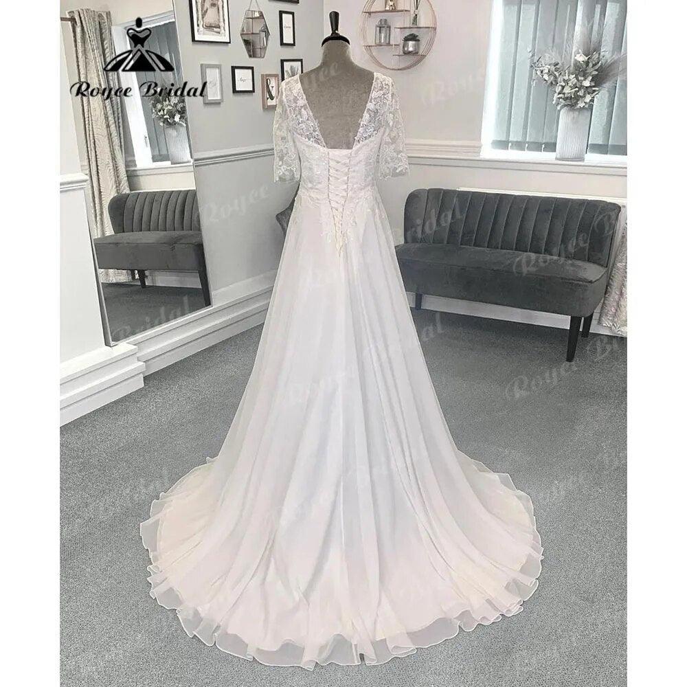 NumberSea - Beach Lace Bodice Chiffon V Neck Women Backless Wedding Dress with Short Sleeve 2024 Bridal Gown Sweep Vestido Novia NumberSea