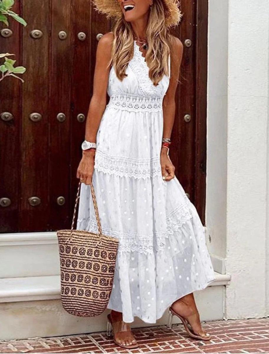 NumberSea - Beach Little White Dresses Boho Wedding Dresses A - Line V Neck Sleeveless Ankle Length Chiffon Bridal Gowns With Appliques
