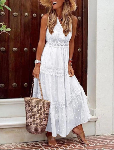 NumberSea - Beach Little White Dresses Boho Wedding Dresses A - Line V Neck Sleeveless Ankle Length Chiffon Bridal Gowns With Appliques