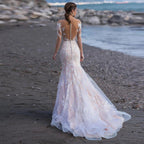 NumberSea - Beach Long Sleeves Mermaid Tulle Wedding Dress Elegant V - Neck Lace Appliques Illusion Back With Button Bridal Gown Custom Made