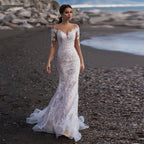NumberSea - Beach Long Sleeves Mermaid Tulle Wedding Dress Elegant V - Neck Lace Appliques Illusion Back With Button Bridal Gown Custom Made