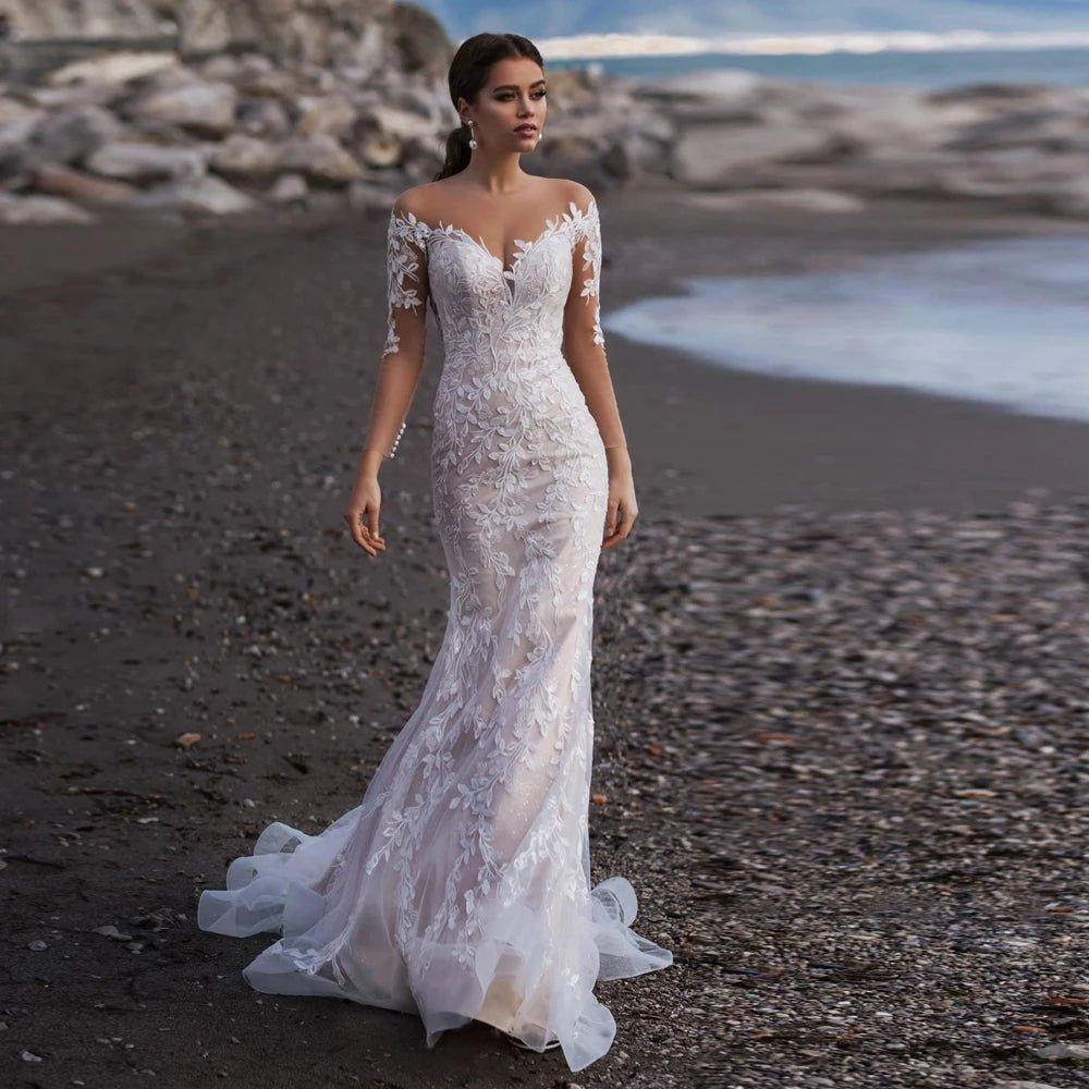 NumberSea - Beach Long Sleeves Mermaid Tulle Wedding Dress Elegant V - Neck Lace Appliques Illusion Back With Button Bridal Gown Custom Made