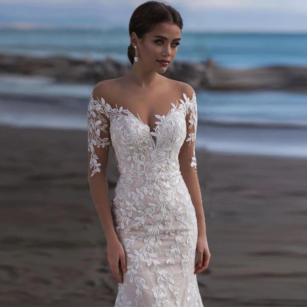 NumberSea - Beach Long Sleeves Mermaid Tulle Wedding Dress Elegant V - Neck Lace Appliques Illusion Back With Button Bridal Gown Custom Made