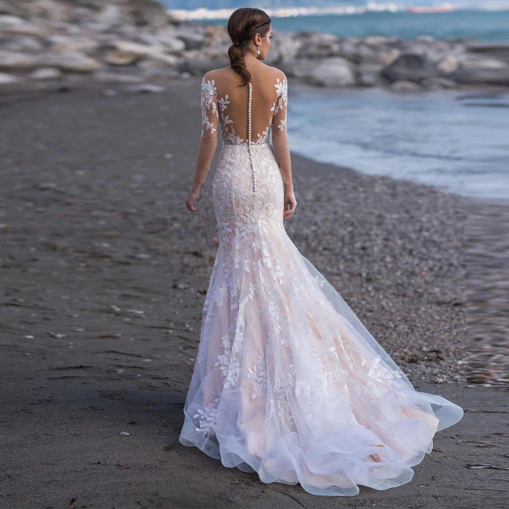 NumberSea - Beach Long Sleeves Mermaid Tulle Wedding Dress Elegant V - Neck Lace Appliques Illusion Back With Button Bridal Gown Custom Made