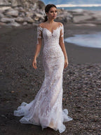 NumberSea - Beach Long Sleeves Mermaid Tulle Wedding Dress Elegant V - Neck Lace Appliques Illusion Back With Button Bridal Gown Custom Made