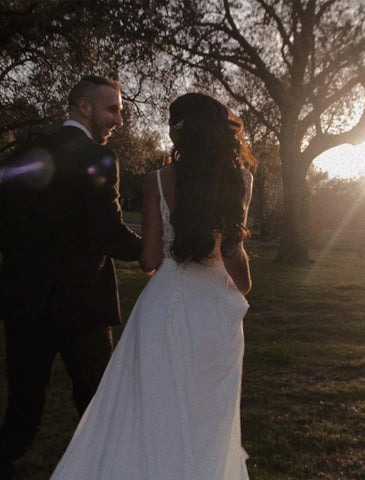 NumberSea - Beach Open Back Boho Wedding Dresses A - Line Camisole V Neck Spaghetti Strap Chapel Train Chiffon Bridal Gowns With Appliques Solid Color