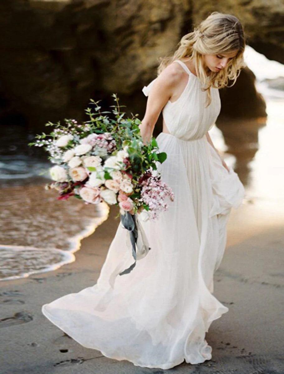 NumberSea - Beach Open Back Boho Wedding Dresses A - Line Halter Sleeveless Sweep / Brush Train Chiffon Bridal Gowns With Solid Color