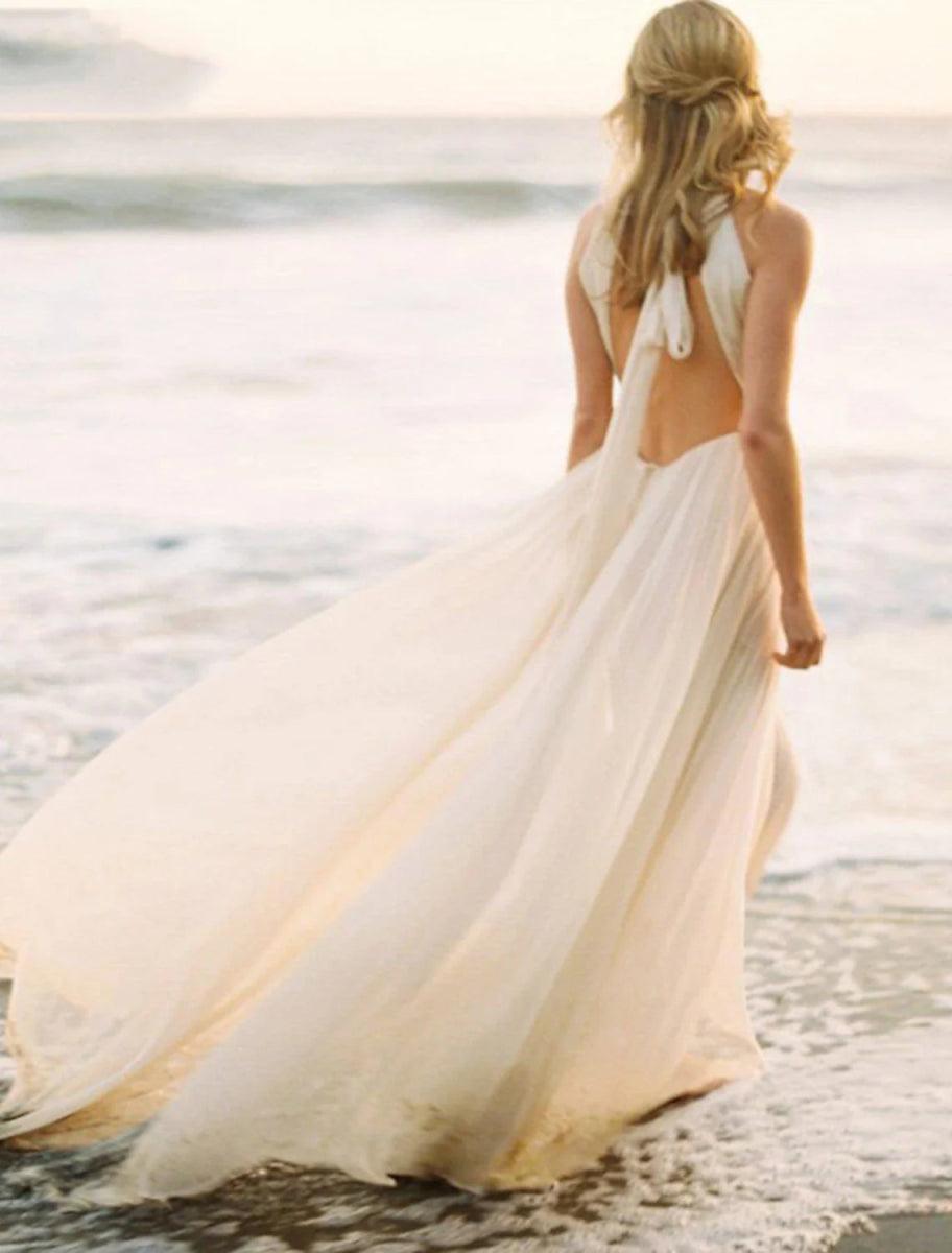 NumberSea - Beach Open Back Boho Wedding Dresses A - Line Halter Sleeveless Sweep / Brush Train Chiffon Bridal Gowns With Solid Color