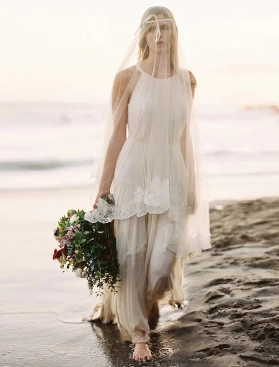 NumberSea - Beach Open Back Boho Wedding Dresses A - Line Halter Sleeveless Sweep / Brush Train Chiffon Bridal Gowns With Solid Color