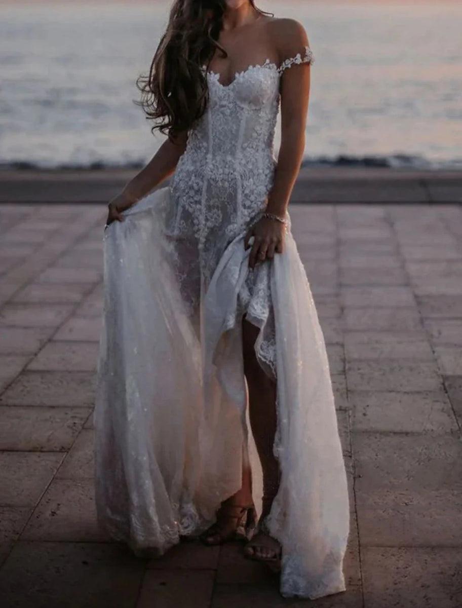 NumberSea - Beach Open Back Boho Wedding Dresses A - Line Off Shoulder Cap Sleeve Court Train Lace Bridal Gowns With Appliques Solid Color Summer Fall Wedding Party