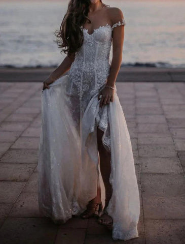 NumberSea - Beach Open Back Boho Wedding Dresses A - Line Off Shoulder Cap Sleeve Court Train Lace Bridal Gowns With Appliques Solid Color Summer Fall Wedding Party