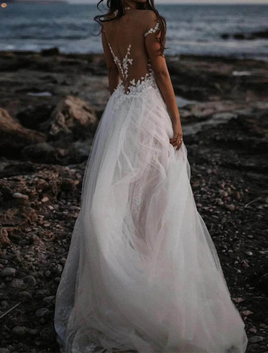 NumberSea - Beach Open Back Boho Wedding Dresses A - Line Off Shoulder Cap Sleeve Court Train Lace Bridal Gowns With Appliques Solid Color Summer Fall Wedding Party