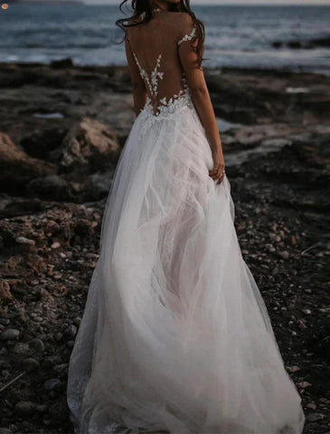 NumberSea - Beach Open Back Boho Wedding Dresses A - Line Off Shoulder Cap Sleeve Court Train Lace Bridal Gowns With Appliques Solid Color Summer Fall Wedding Party