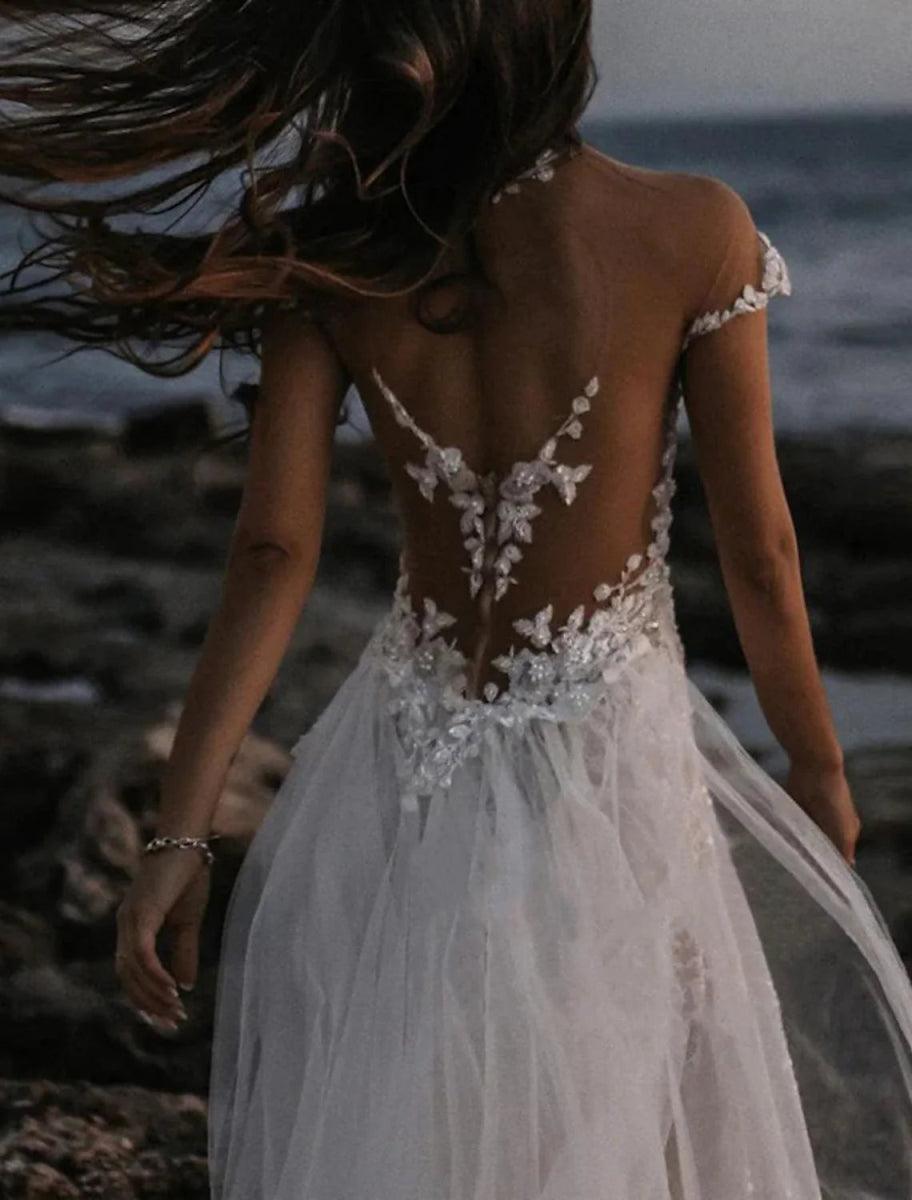 NumberSea - Beach Open Back Boho Wedding Dresses A - Line Off Shoulder Cap Sleeve Court Train Lace Bridal Gowns With Appliques Solid Color Summer Fall Wedding Party