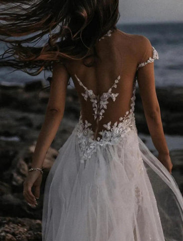 NumberSea - Beach Open Back Boho Wedding Dresses A - Line Off Shoulder Cap Sleeve Court Train Lace Bridal Gowns With Appliques Solid Color Summer Fall Wedding Party