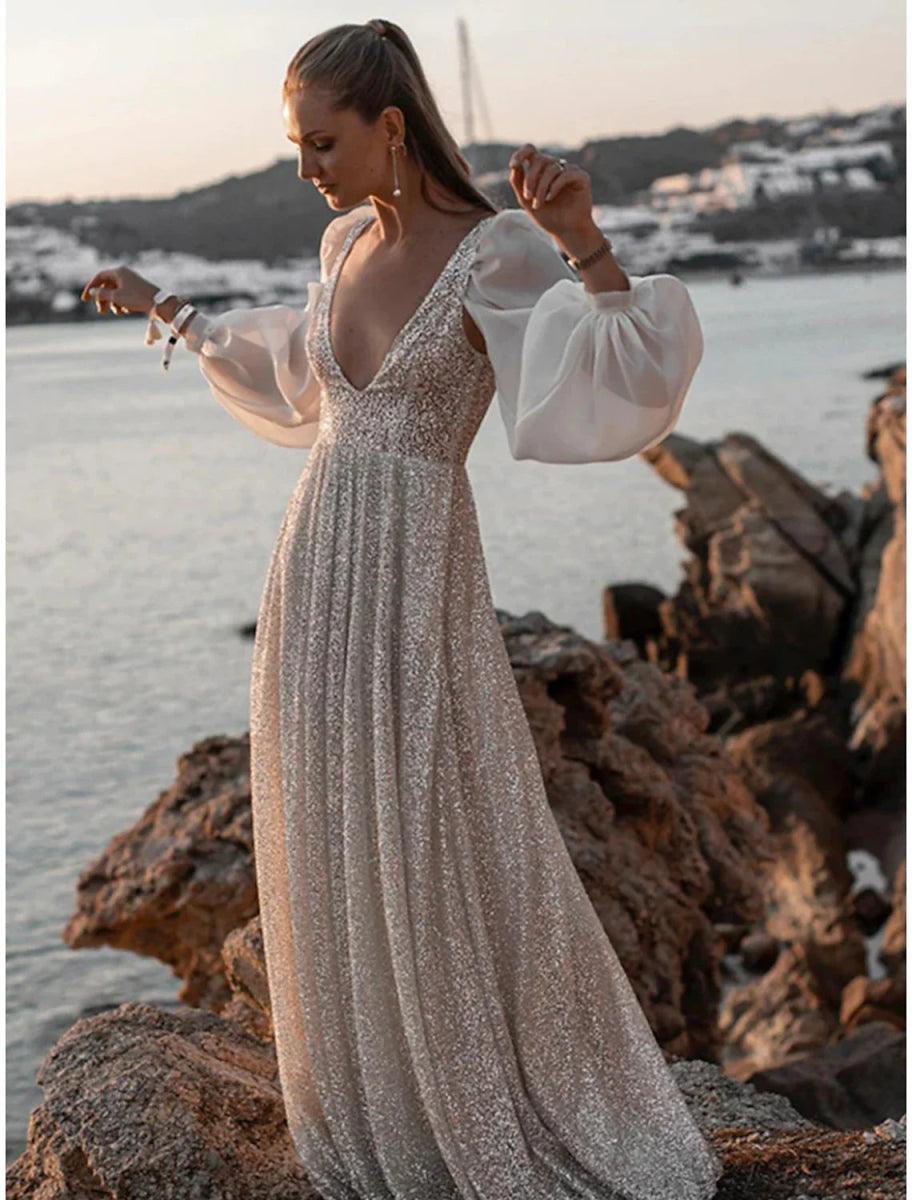 NumberSea - Beach Open Back Boho Wedding Dresses A - Line V Neck Long Sleeve Sweep / Brush Train Sequined Bridal Gowns With Pleats