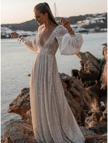 NumberSea - Beach Open Back Boho Wedding Dresses A - Line V Neck Long Sleeve Sweep / Brush Train Sequined Bridal Gowns With Pleats