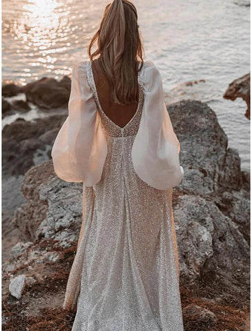 NumberSea - Beach Open Back Boho Wedding Dresses A - Line V Neck Long Sleeve Sweep / Brush Train Sequined Bridal Gowns With Pleats