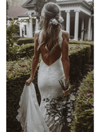 NumberSea - Beach Open Back Boho Wedding Dresses Chapel Train Mermaid / Trumpet Sleeveless Halter Lace With Appliques Solid Color
