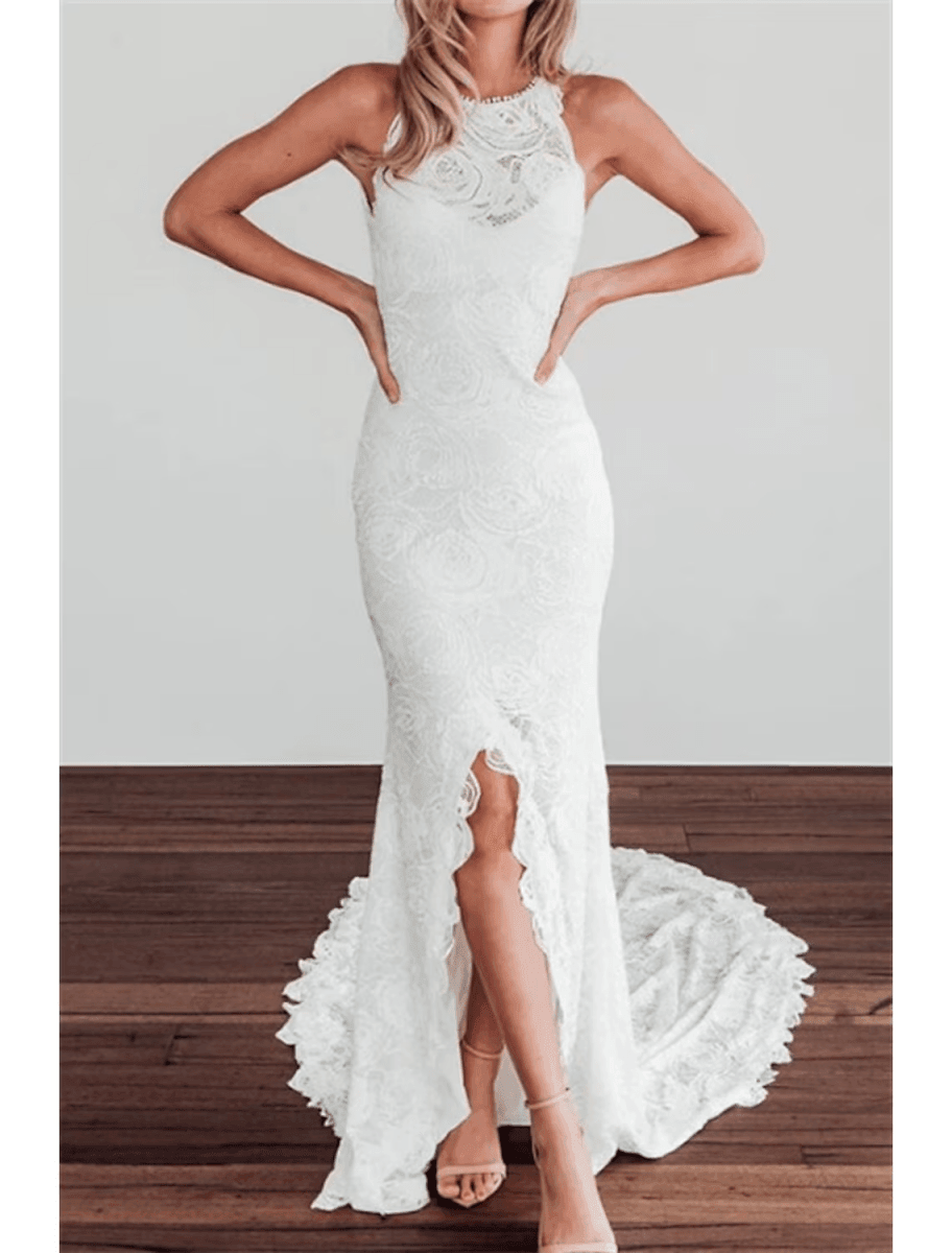 NumberSea - Beach Open Back Boho Wedding Dresses Chapel Train Mermaid / Trumpet Sleeveless Halter Lace With Appliques Solid Color