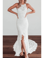 NumberSea - Beach Open Back Boho Wedding Dresses Chapel Train Mermaid / Trumpet Sleeveless Halter Lace With Appliques Solid Color