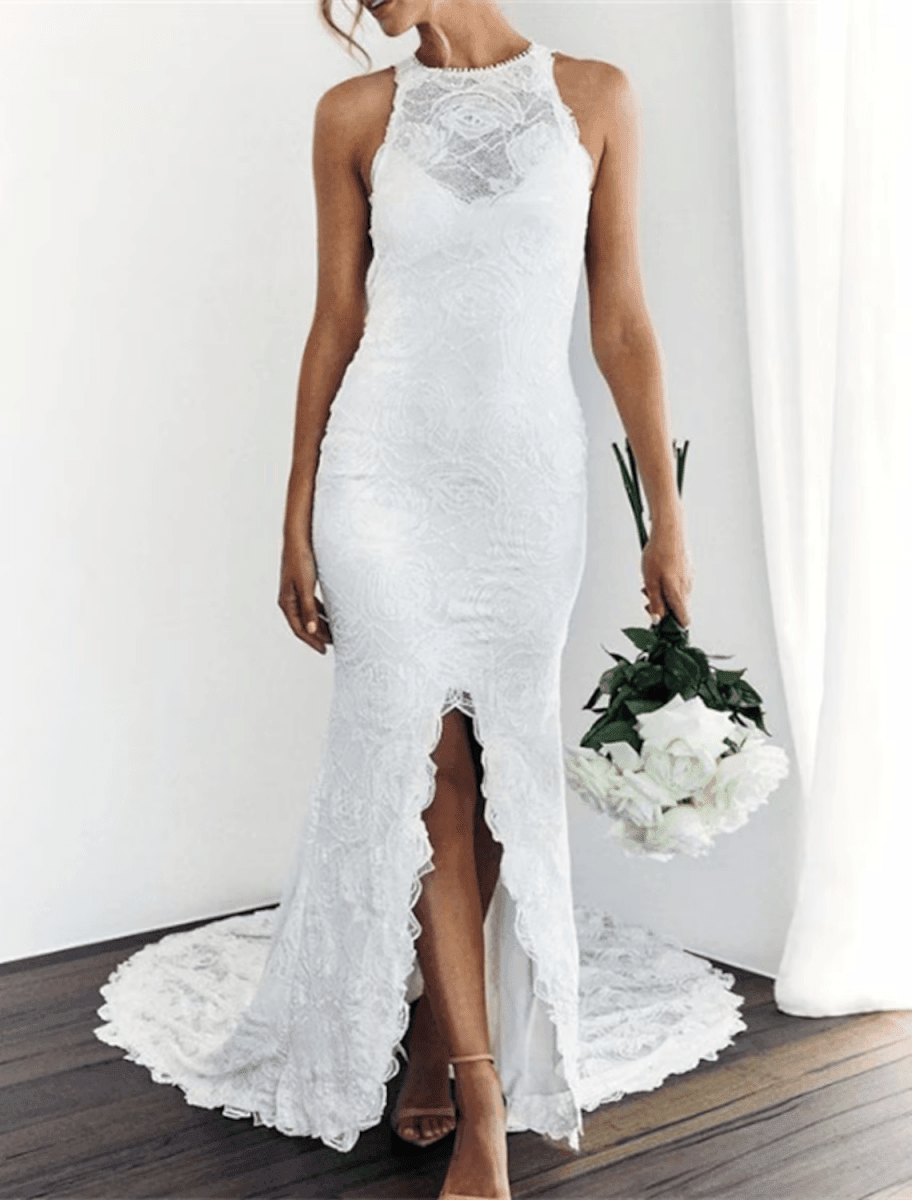 NumberSea - Beach Open Back Boho Wedding Dresses Chapel Train Mermaid / Trumpet Sleeveless Halter Lace With Appliques Solid Color