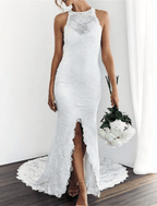 NumberSea - Beach Open Back Boho Wedding Dresses Chapel Train Mermaid / Trumpet Sleeveless Halter Lace With Appliques Solid Color