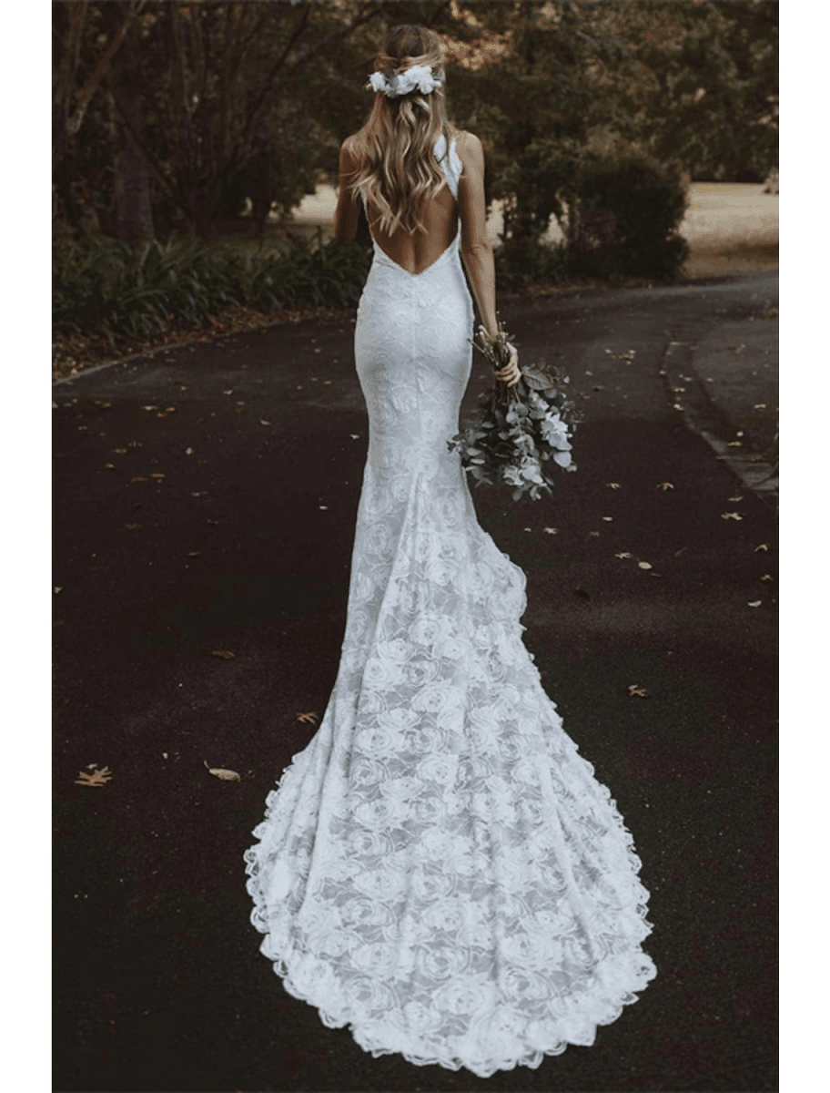 NumberSea - Beach Open Back Boho Wedding Dresses Chapel Train Mermaid / Trumpet Sleeveless Halter Lace With Appliques Solid Color
