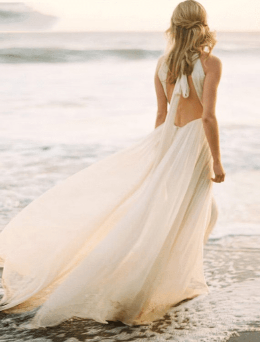 NumberSea - Beach Open Back Boho Wedding Dresses Court Train A - Line Sleeveless Halter Chiffon With Solid Color