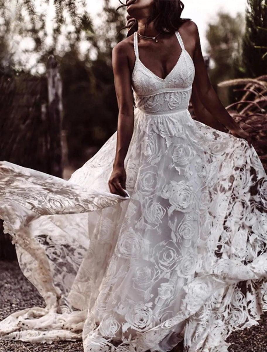 NumberSea - Beach Open Back Boho Wedding Dresses Court Train A - Line Sleeveless Spaghetti Strap V Neck Lace With Appliques